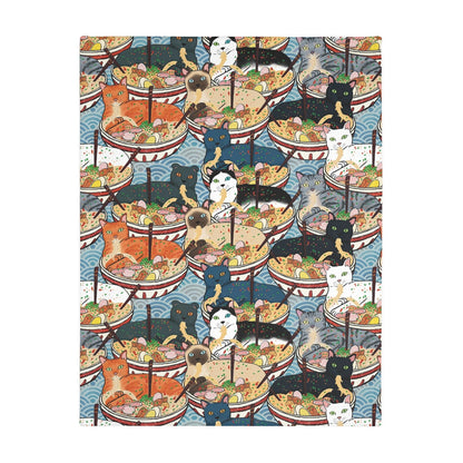 Cats Eating Ramen Velveteen Minky Blanket (Two-sided print)