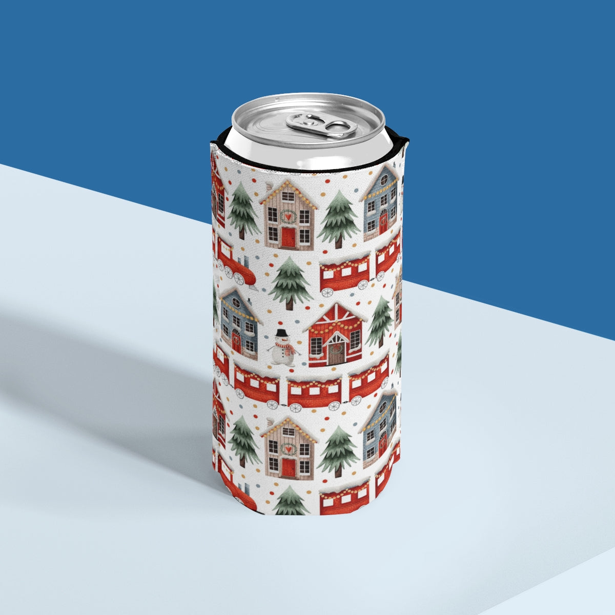 Christmas Trains and Houses Slim Can Cooler