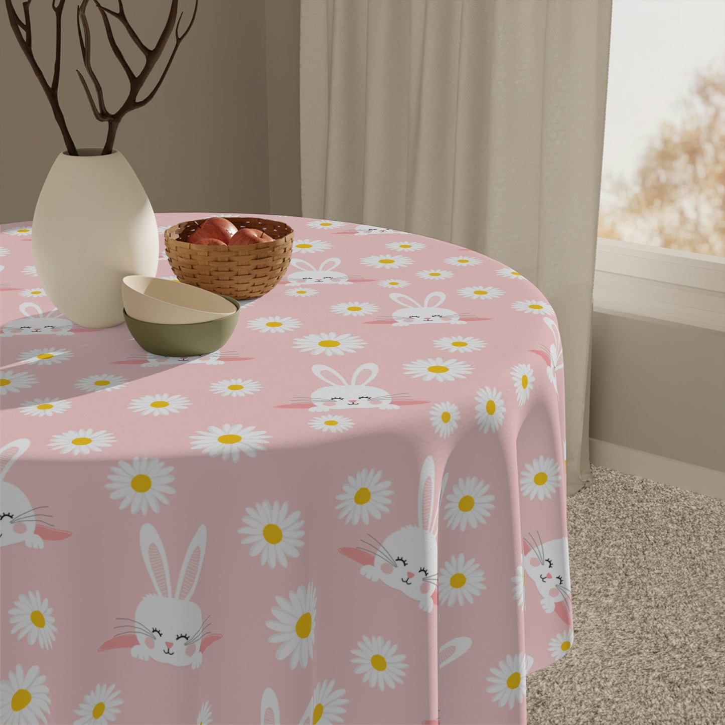 Smiling Bunnies and Daisies Tablecloth