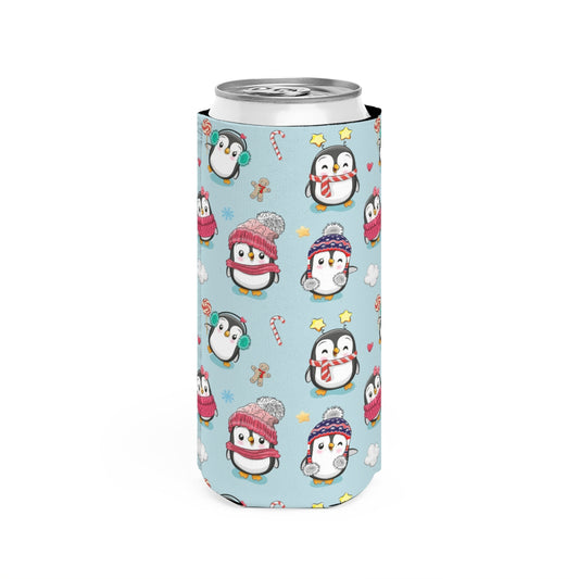 Penguins in Winter Clothes Slim Can Cooler
