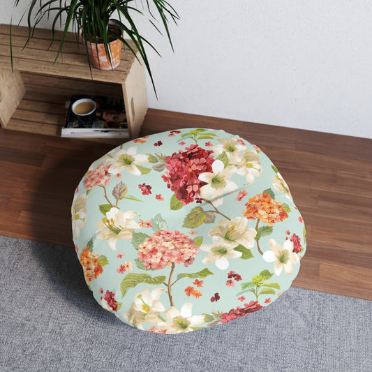 Autumn Hortensia and Lily Flowers Tufted Floor Pillow, Round