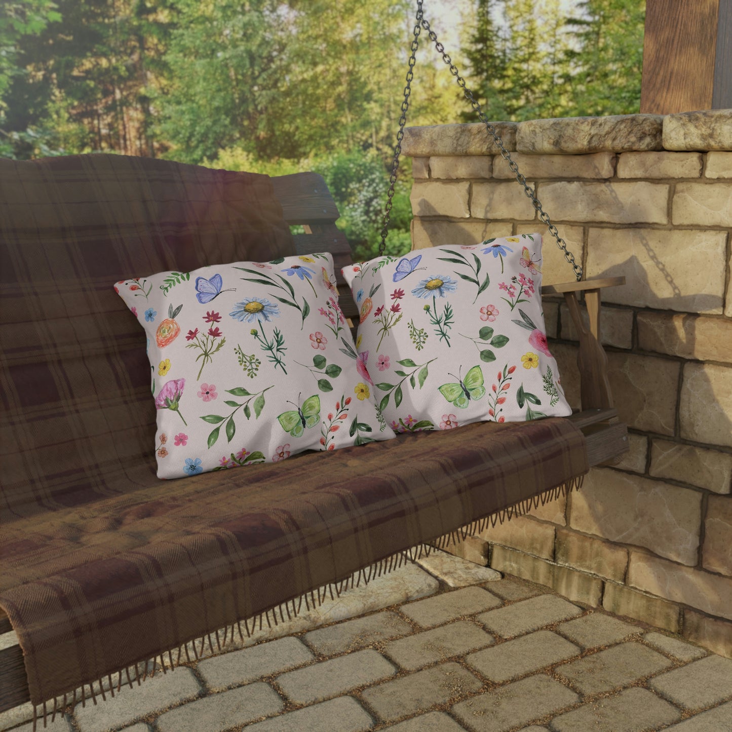 Spring Daisies and Butterflies Outdoor Pillow
