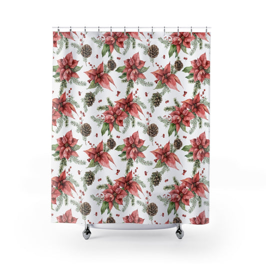 Poinsettia and Pine Cones Shower Curtains