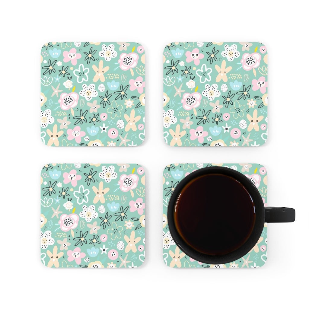 Abstract Flowers Corkwood Coaster Set - Puffin Lime