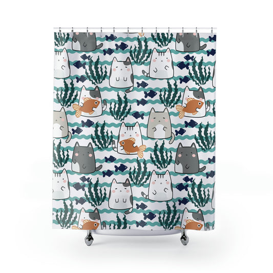 Kawaii Cats and Fishes Shower Curtain
