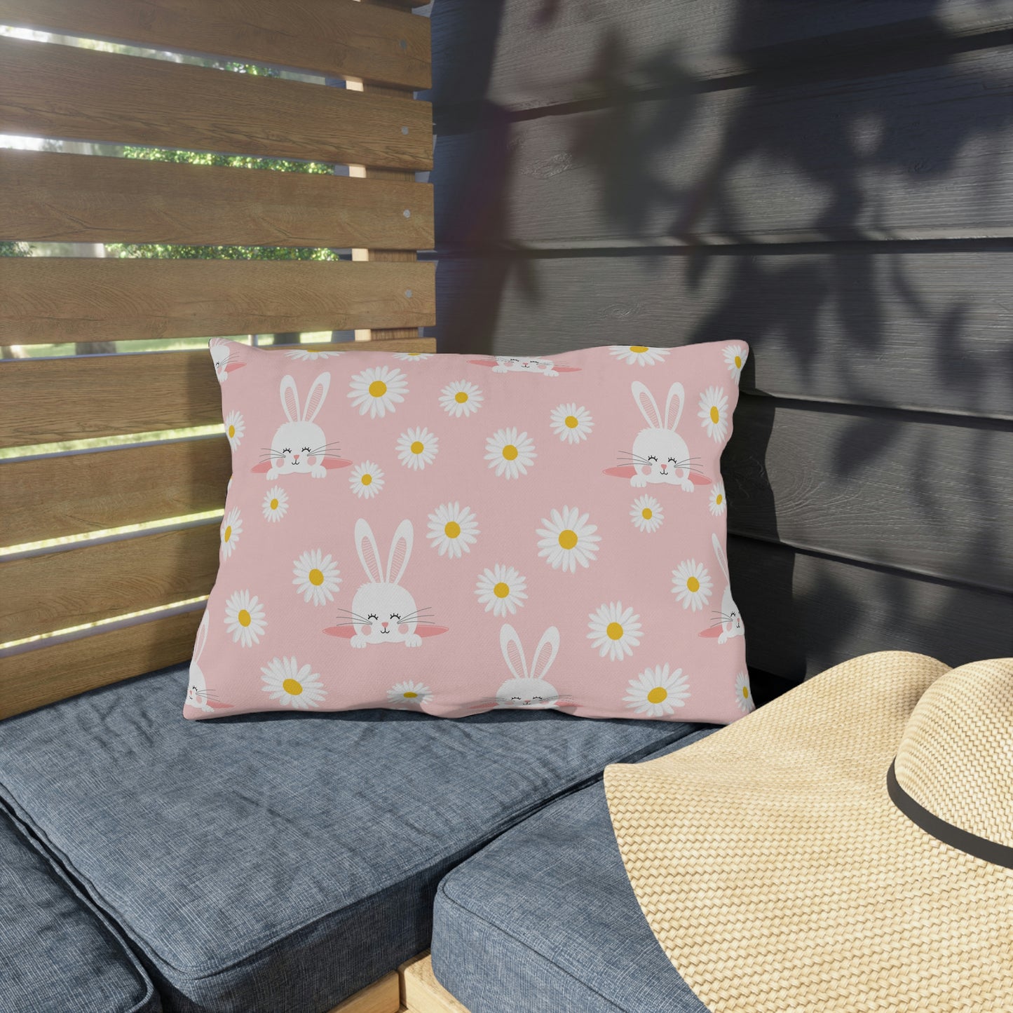 Smiling Bunnies and Daisies Outdoor Pillow