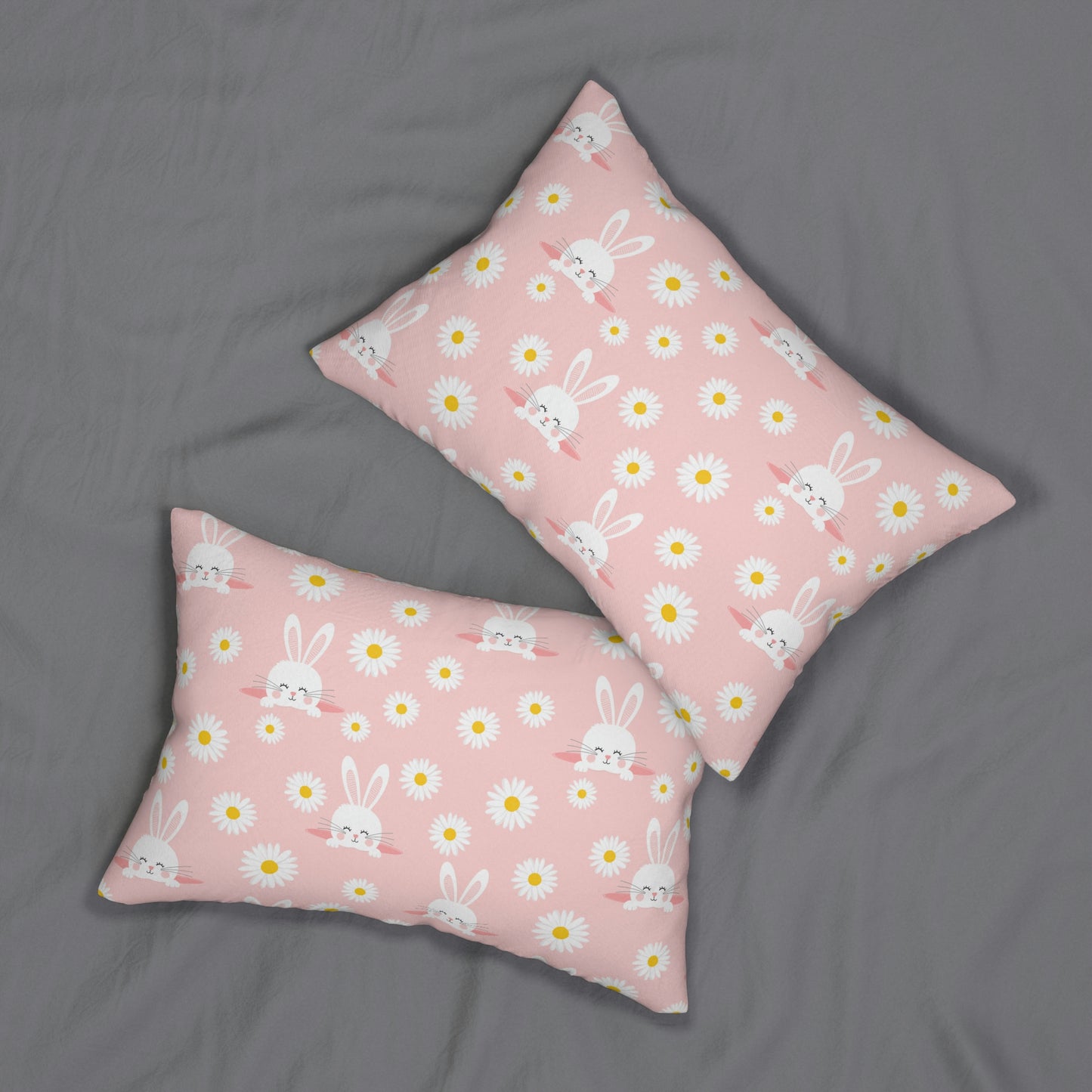 Smiling Bunnies and Daisies Spun Polyester Lumbar Pillow