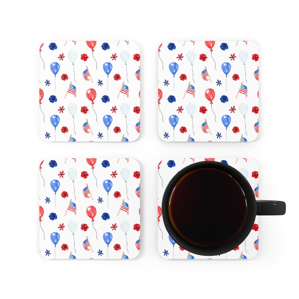 American Flags and Balloons Corkwood Coaster Set - Puffin Lime