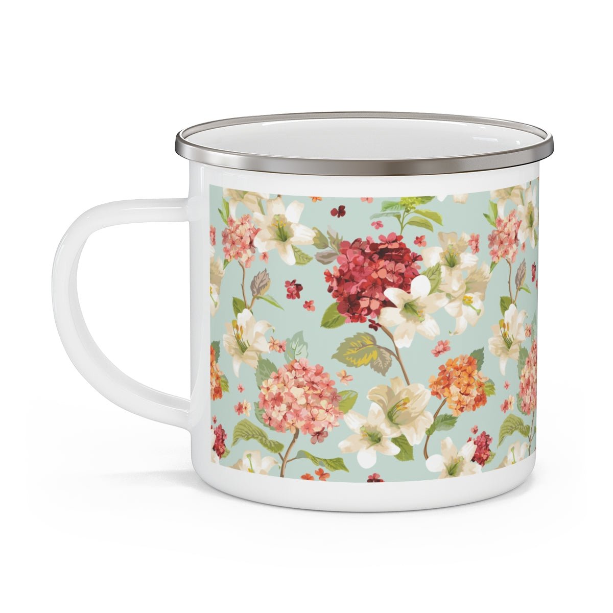 Autumn Hortensia and Lily Flowers Enamel Camping Mug - Puffin Lime