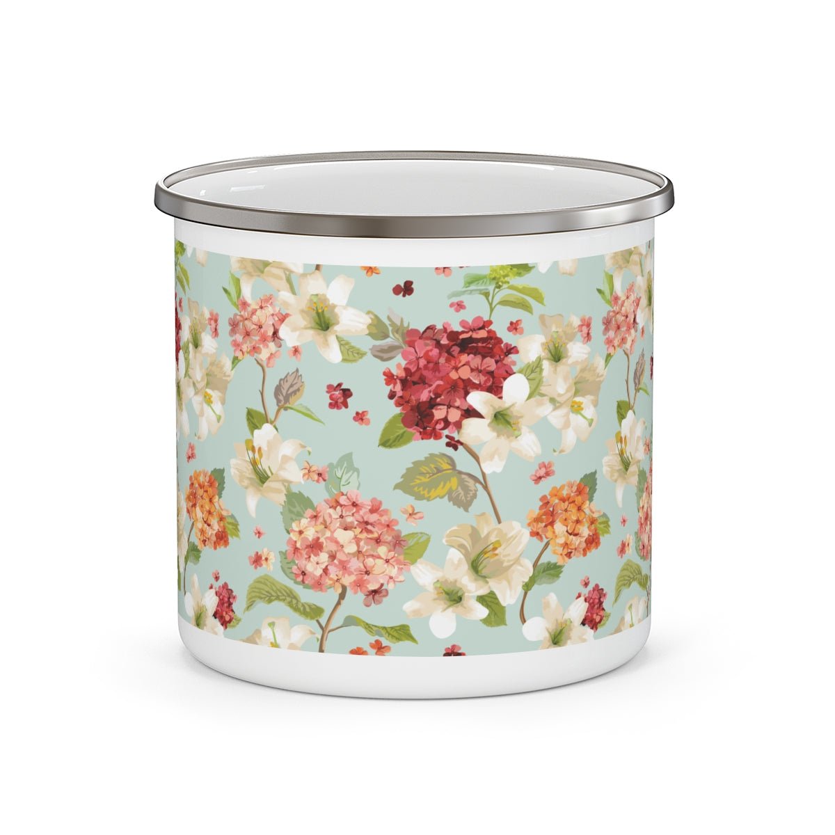 Autumn Hortensia and Lily Flowers Enamel Camping Mug - Puffin Lime