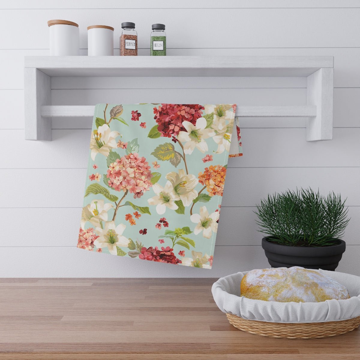 Autumn Hortensia and Lily Flowers Kitchen Towel - Puffin Lime