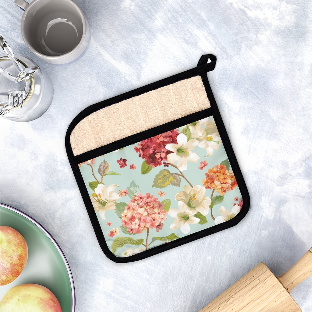 Autumn Hortensia and Lily Flowers Pot Holder with Pocket | Floral Shabby Chic Thanksgiving Day Table Setting - Puffin Lime