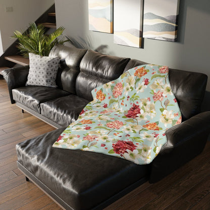 Autumn Hortensia and Lily Flowers Velveteen Minky Blanket (Two-sided print) - Puffin Lime