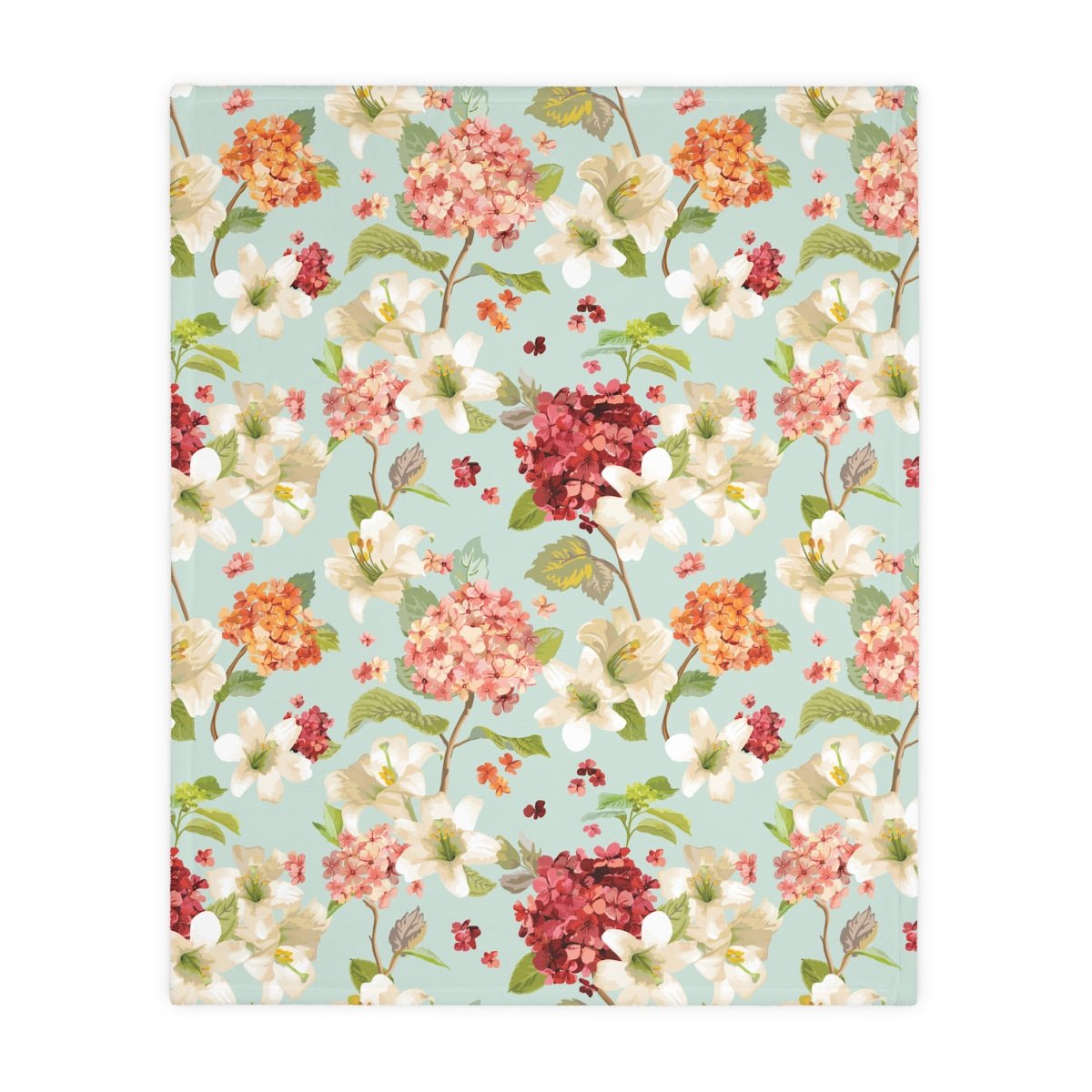 Autumn Hortensia and Lily Flowers Velveteen Minky Blanket (Two-sided print) - Puffin Lime