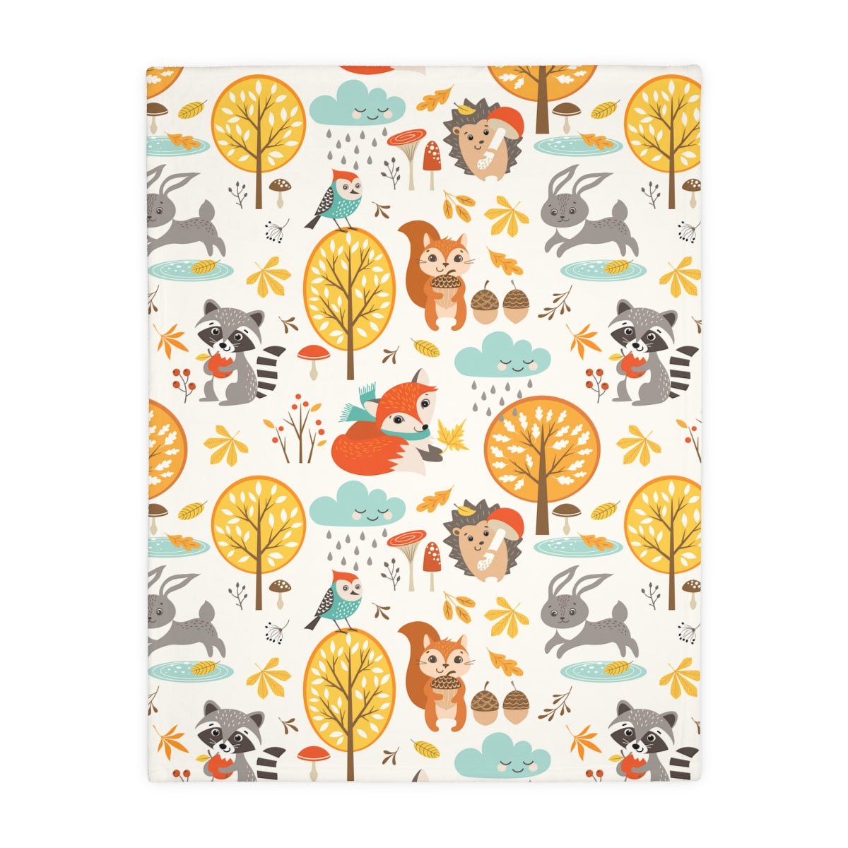 Autumn Woodland Animals Velveteen Minky Blanket (Two-sided print) - Puffin Lime