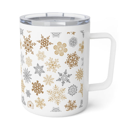 Gold and Silver Snowflakes Insulated Coffee Mug, 10oz