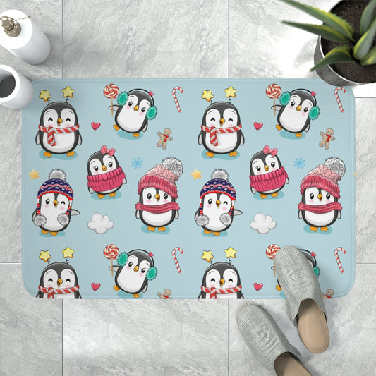 Penguins in Winter Clothes Memory Foam Bath Mat