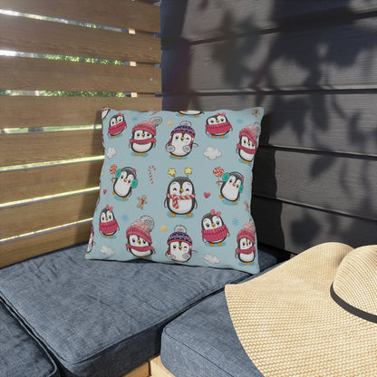 Penguins in Winter Clothes Outdoor Pillow