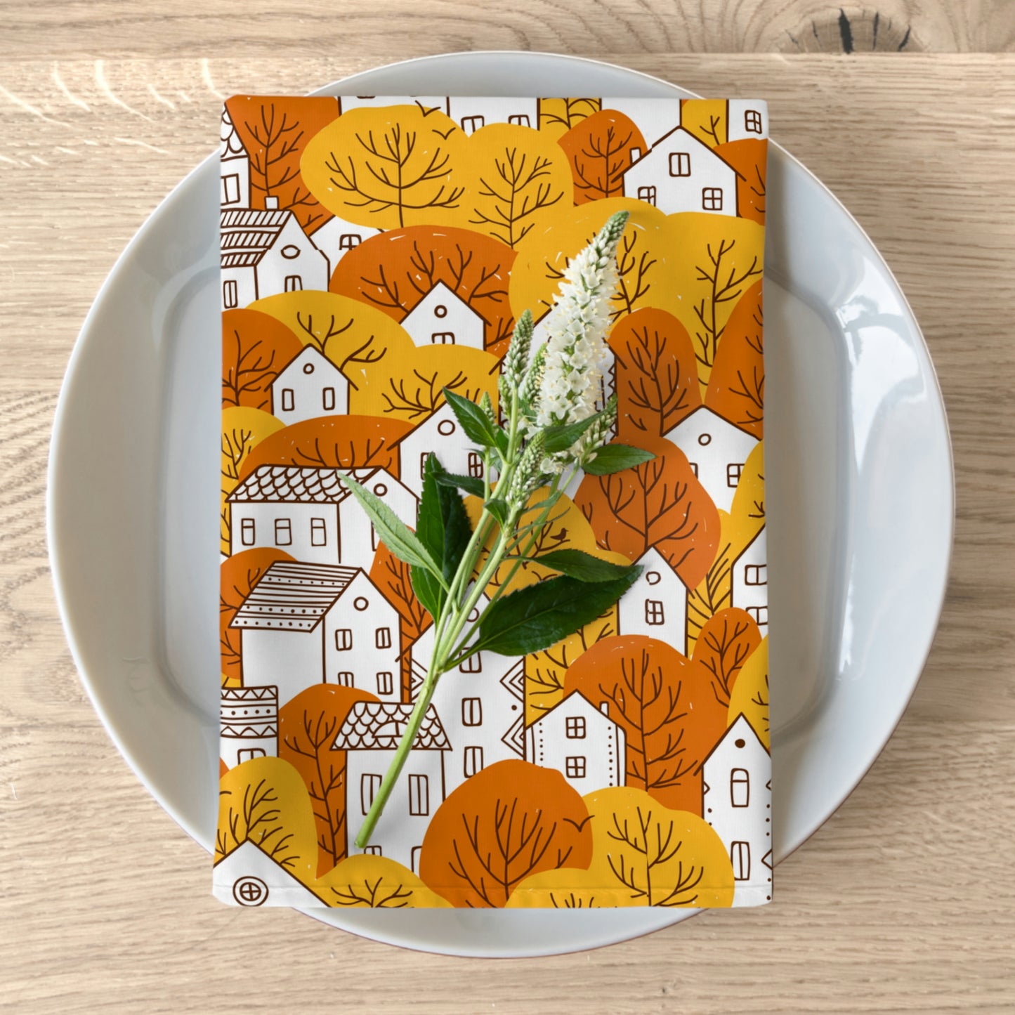 Fall Orange Leaves and Nordic Houses Kitchen Napkins Set of 4 | Gifts For Home | Gifts For Her