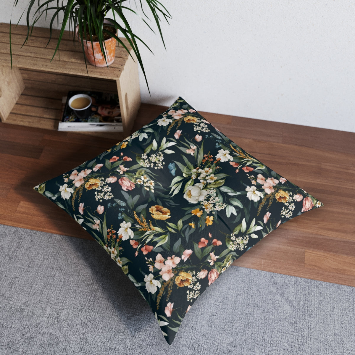 Watercolor Flowers Tufted Floor Pillow, Square