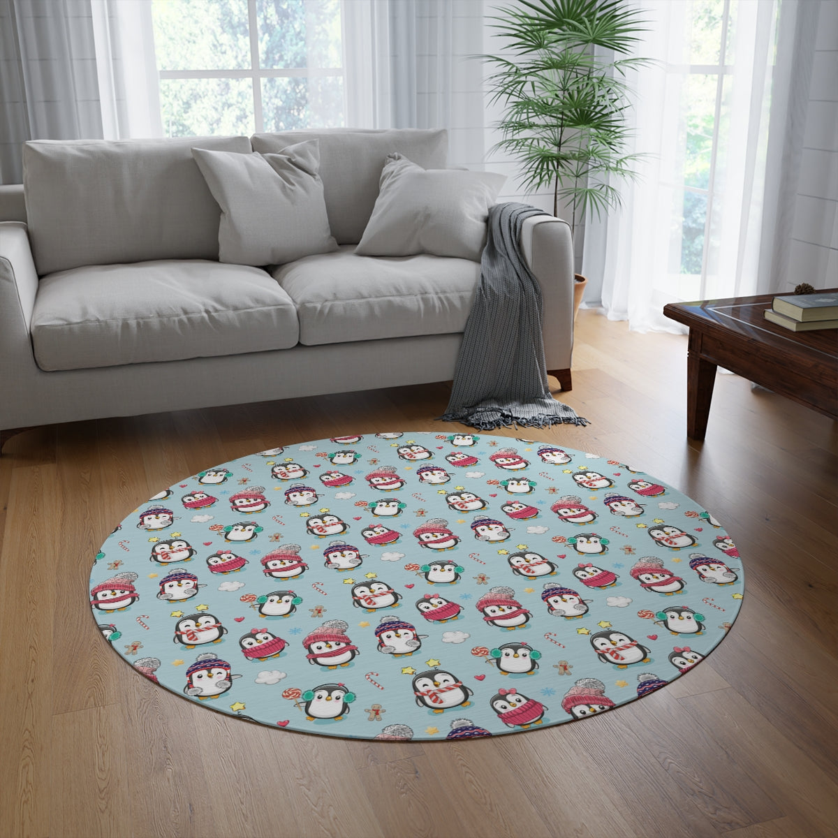Penguins in Winter Clothes Round Rug