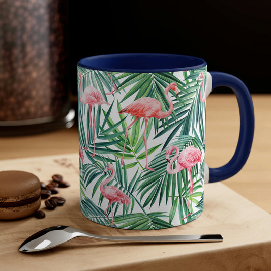 Pink Flamingos and Palm Leaves Accent Coffee Mug, 11oz