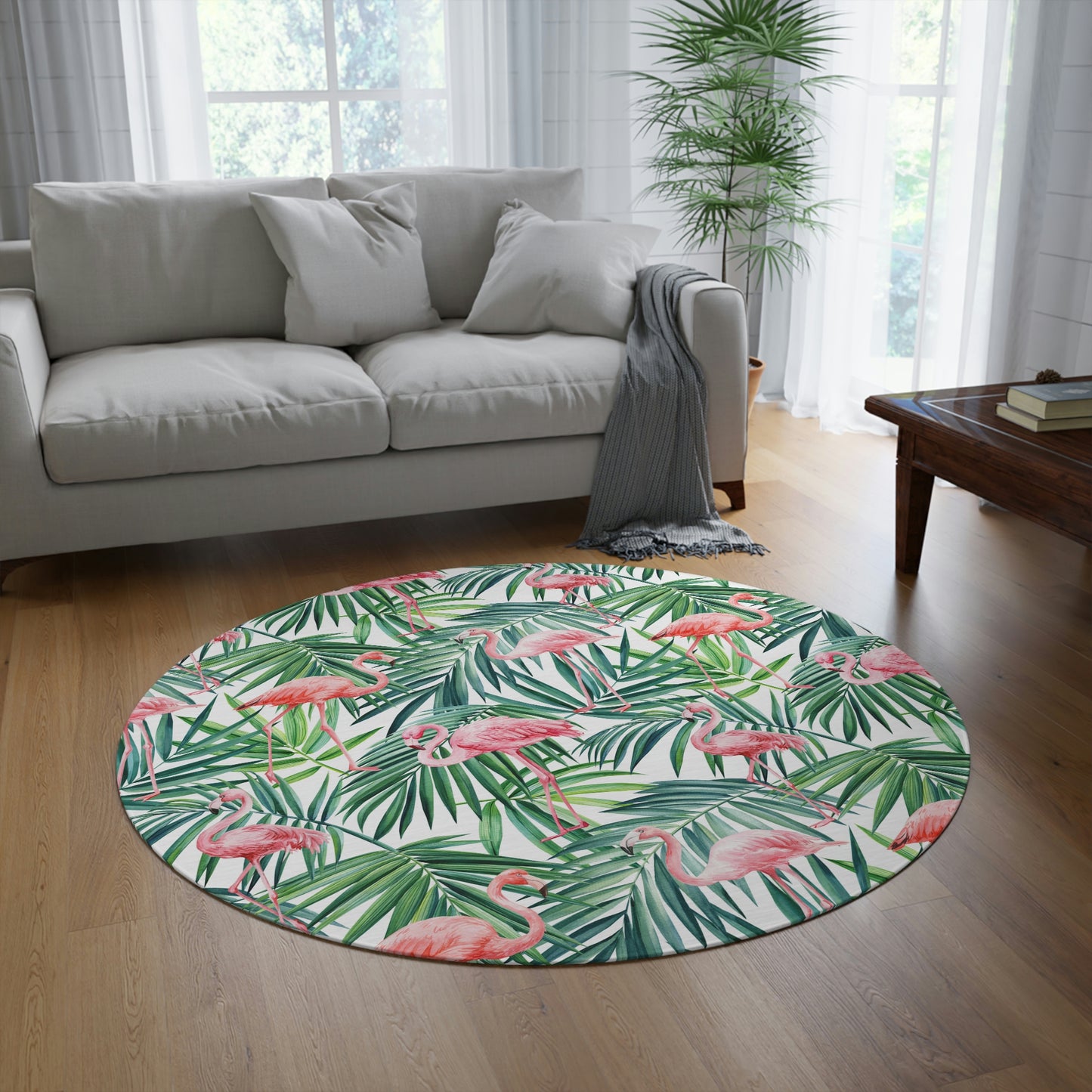 Pink Flamingos and Palm Leaves Round Rug