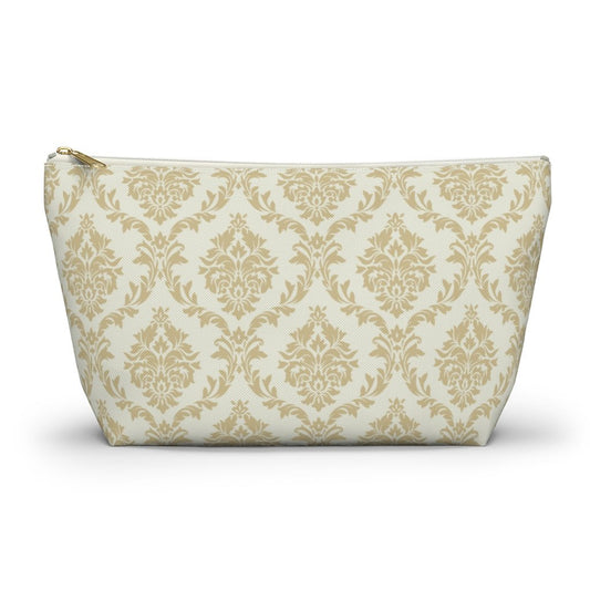 Beige Damask Accessory Pouch w T-bottom - Puffin Lime