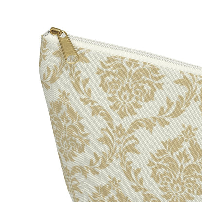 Beige Damask Accessory Pouch w T-bottom - Puffin Lime