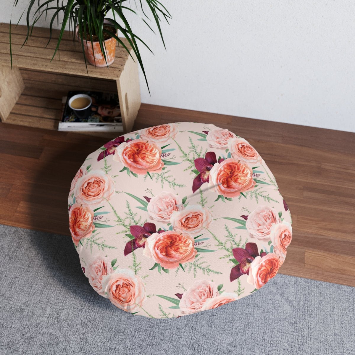 Blush Roses Round Tufted Floor Pillow - Puffin Lime