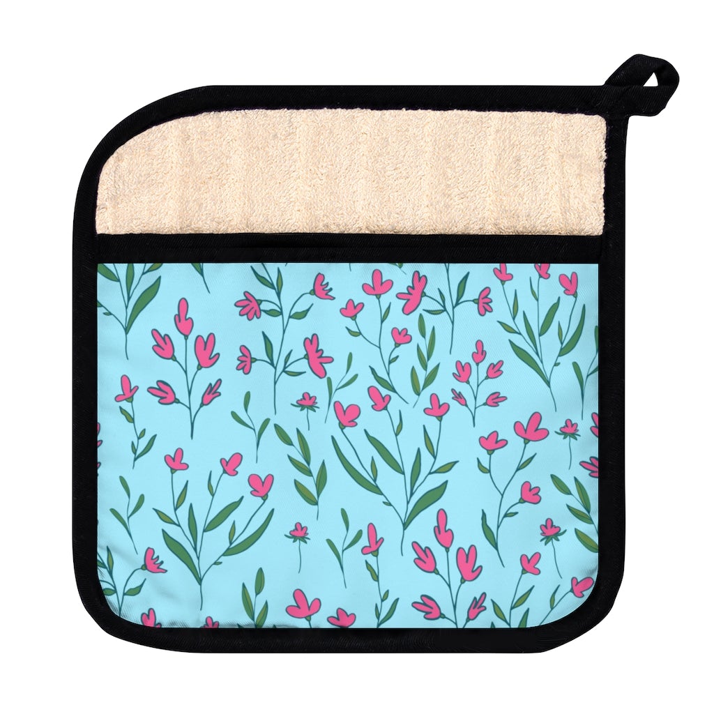 Bright Pink Flowers Pot Holder with Pocket