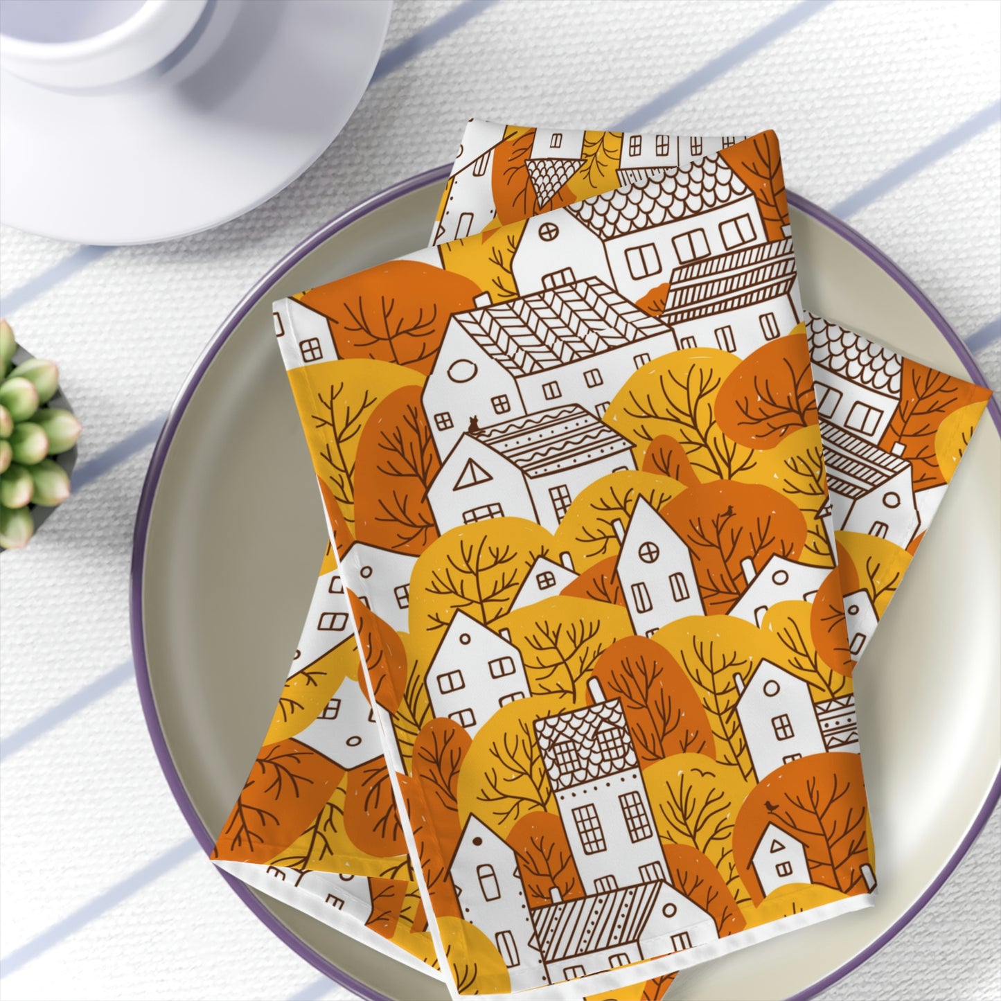 Fall Orange Leaves and Nordic Houses Kitchen Napkins Set of 4 | Gifts For Home | Gifts For Her