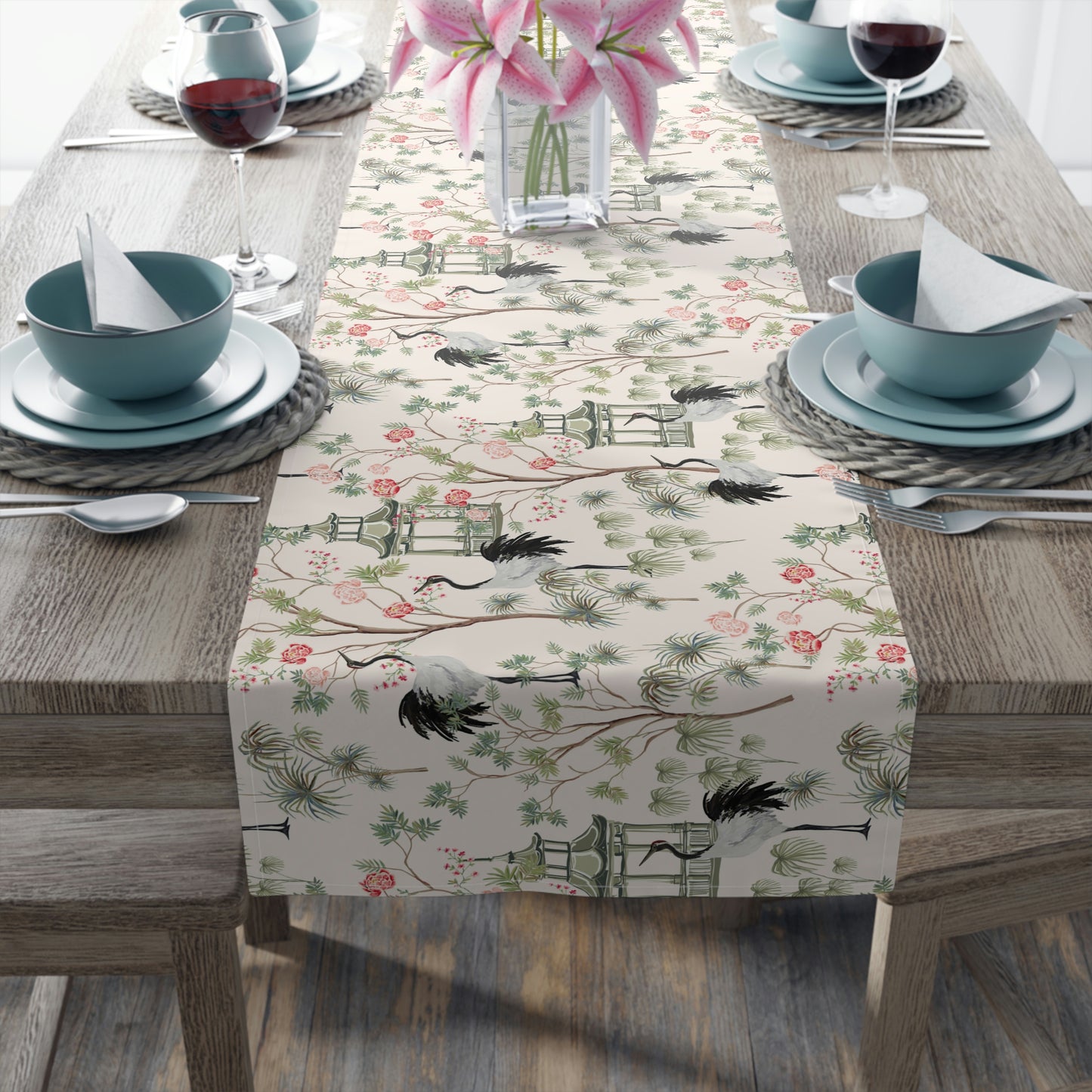 Chinoiserie Rose Trees Table Runner (Cotton, Poly)
