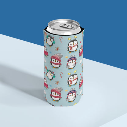 Penguins in Winter Clothes Slim Can Cooler
