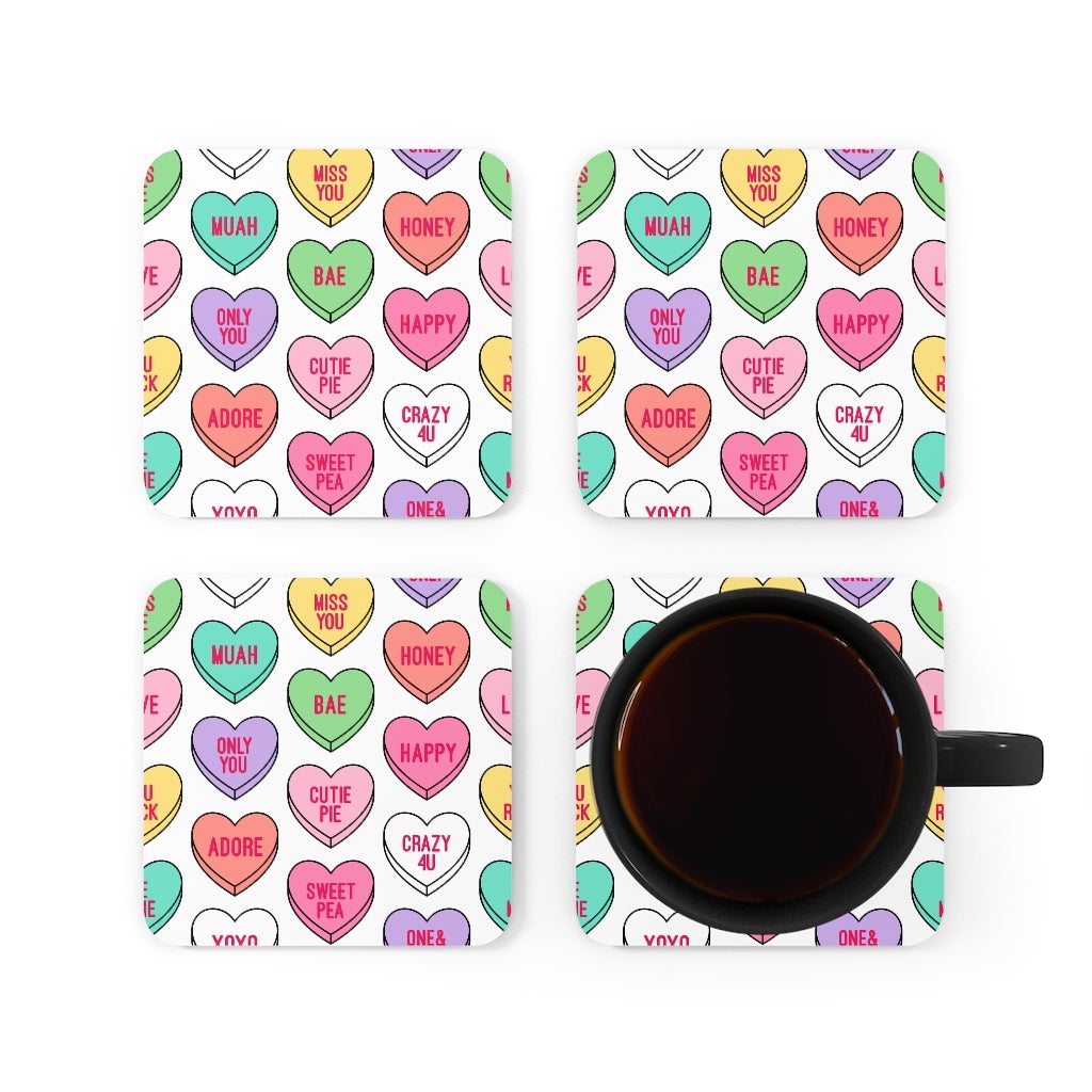 Candy Conversation Hearts Corkwood Coaster Set - Puffin Lime