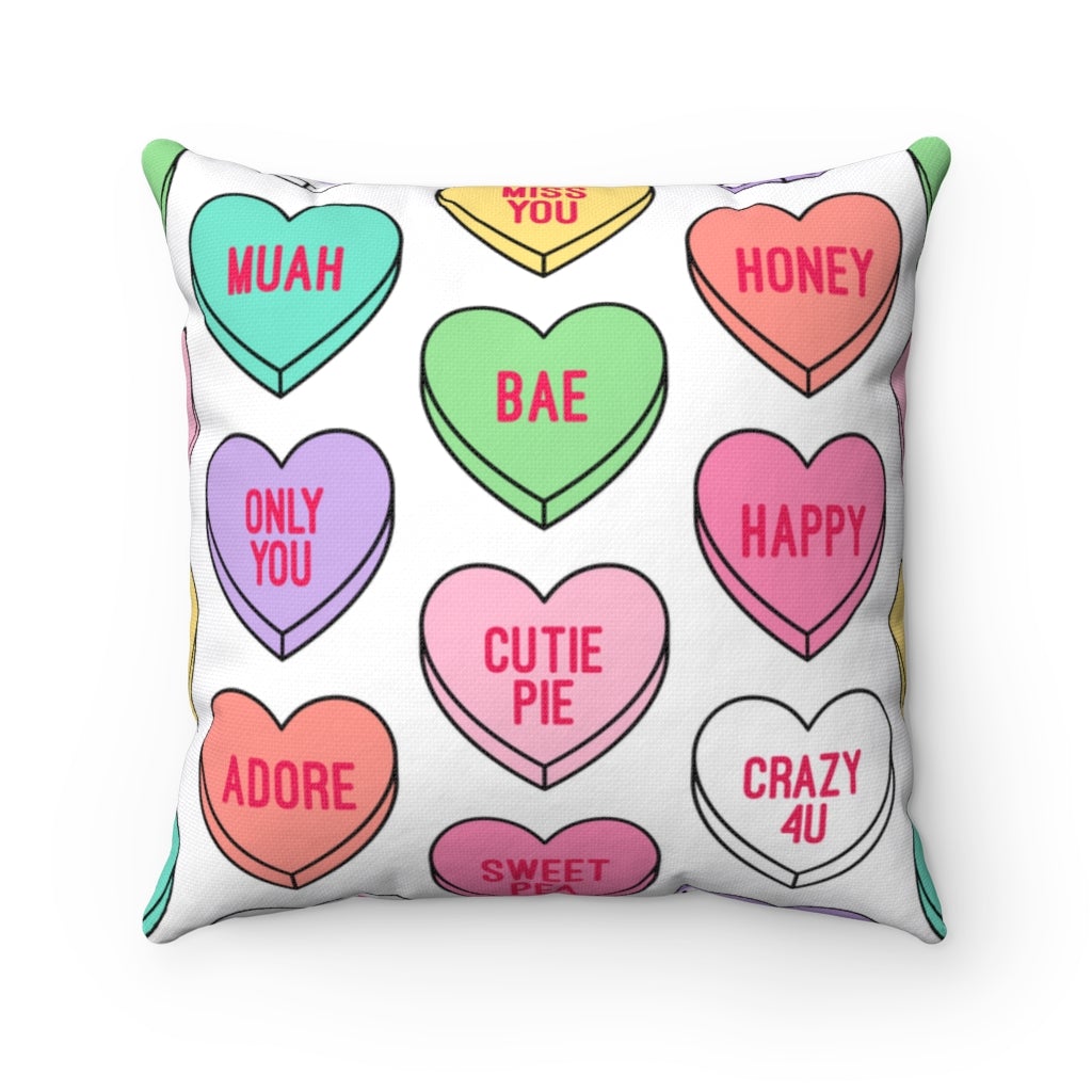 Candy Conversation Hearts Square Throw Pillow - Puffin Lime