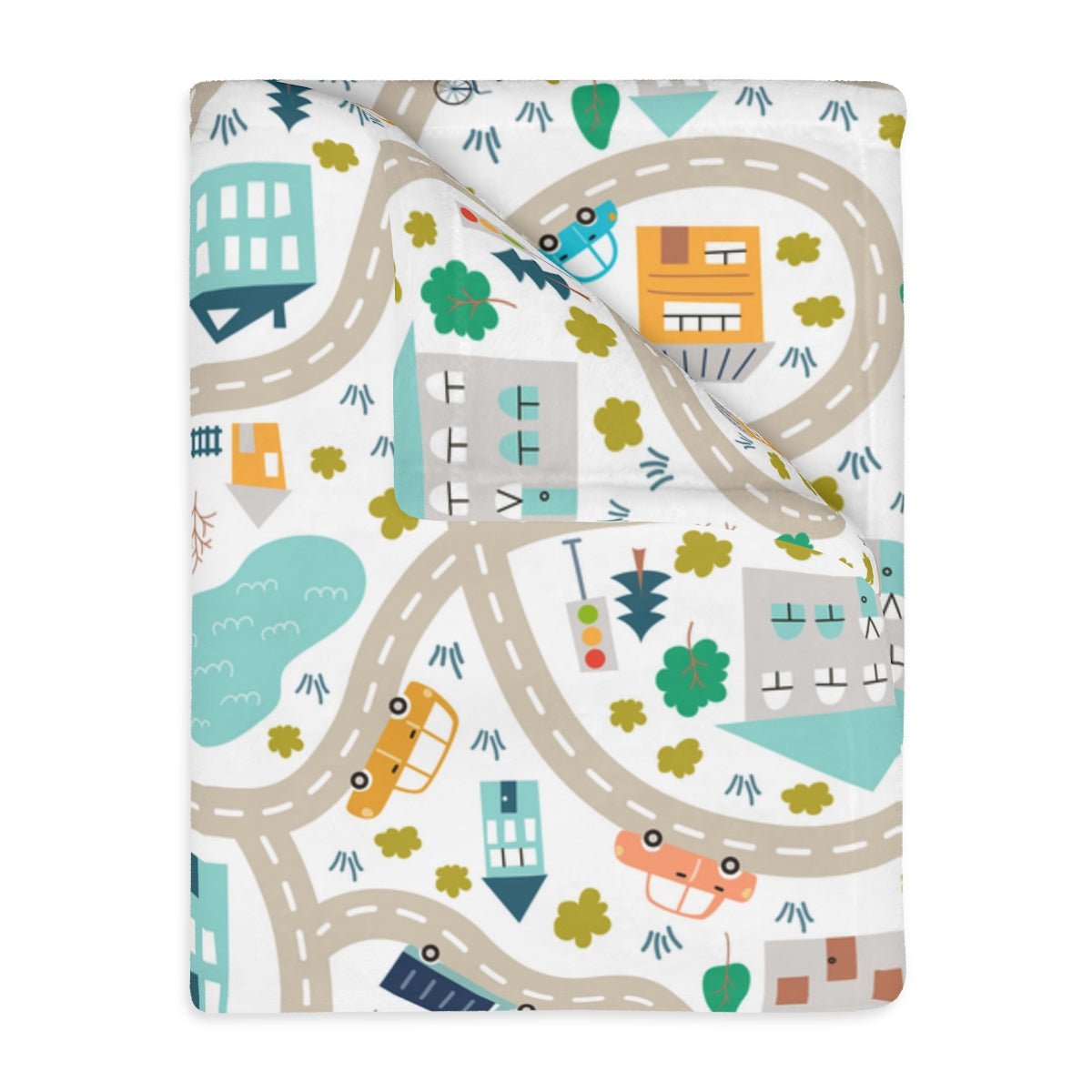 Cars and Houses Velveteen Minky Blanket (Two-sided print) - Puffin Lime