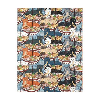 Cats Eating Ramen Velveteen Minky Blanket (Two-sided print)