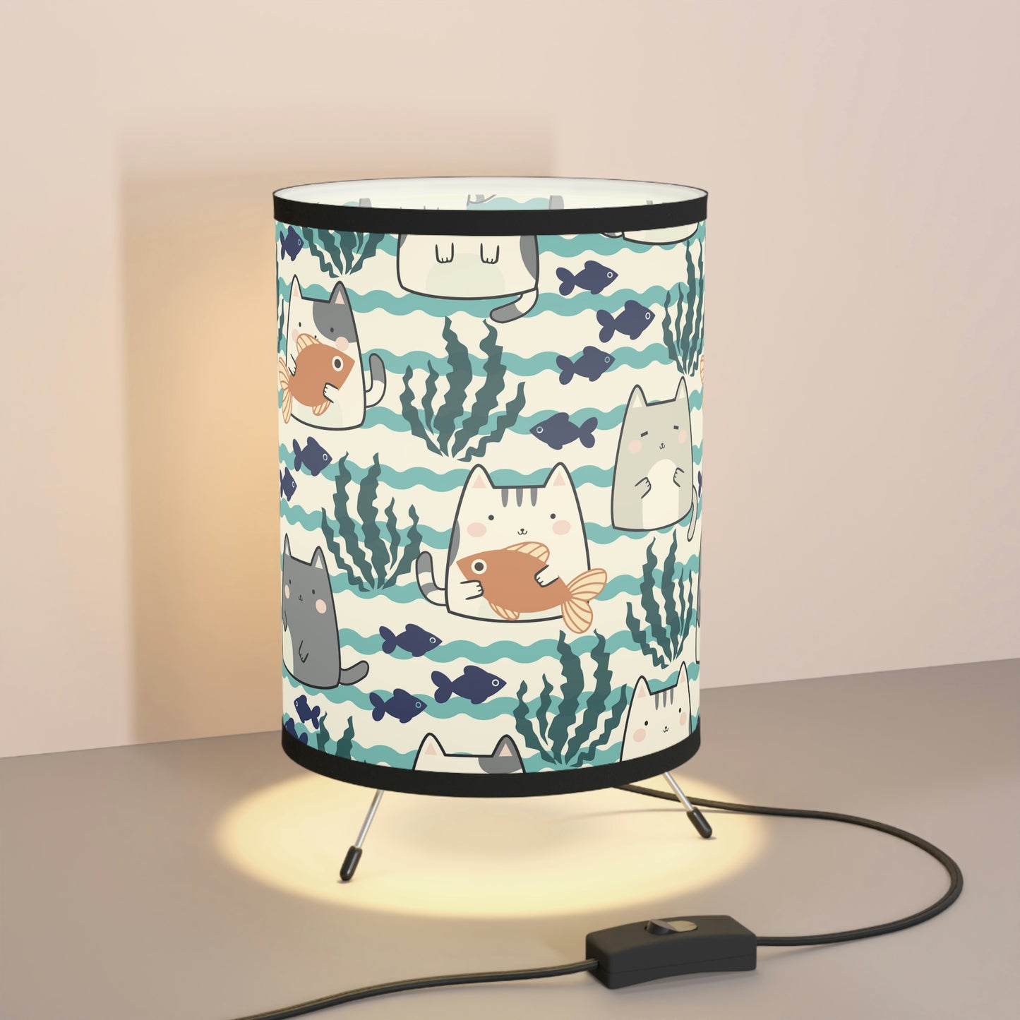 Kawaii Cats and Fishes Tripod Lamp with High-Res Printed Shade, US\CA plug