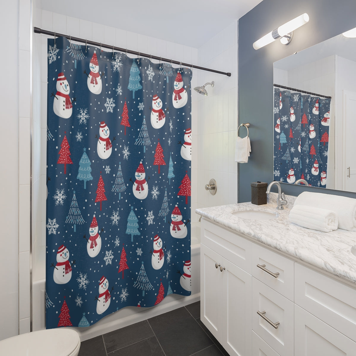 Christmas Snowmen and Trees Shower Curtain
