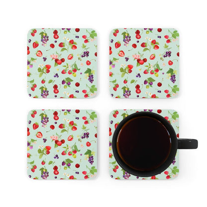 Cherries and Strawberries Corkwood Coaster Set - Puffin Lime