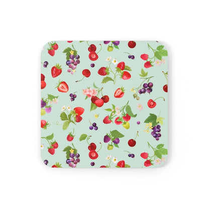 Cherries and Strawberries Corkwood Coaster Set - Puffin Lime