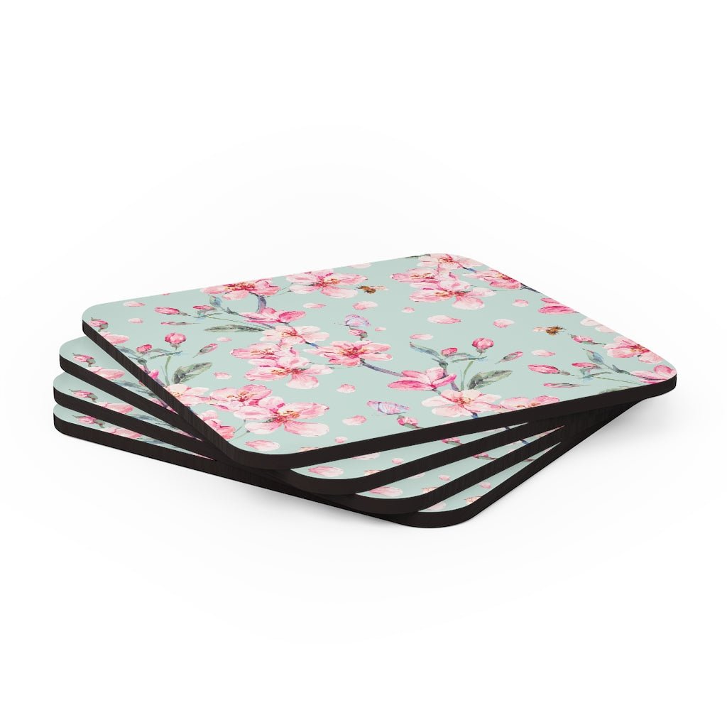 Cherry Blossoms and Honey Bees Corkwood Coaster Set - Puffin Lime