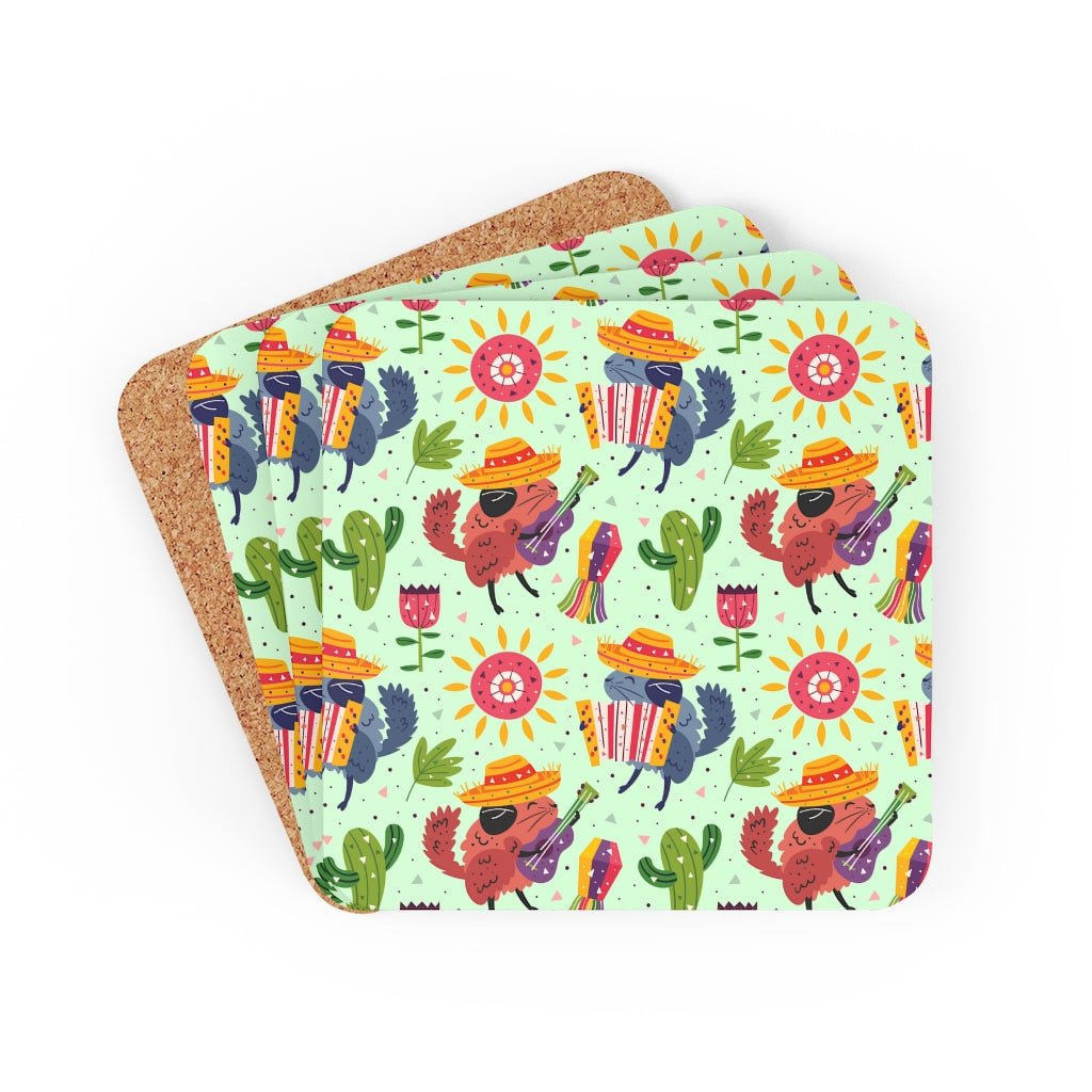 Chinchillas in Sombreros Corkwood Coaster Set - Puffin Lime