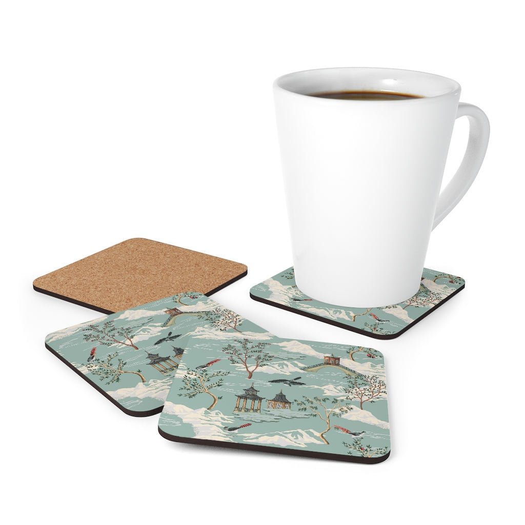 Chinoiserie Chinese Pagoda Corkwood Coaster Set - Puffin Lime