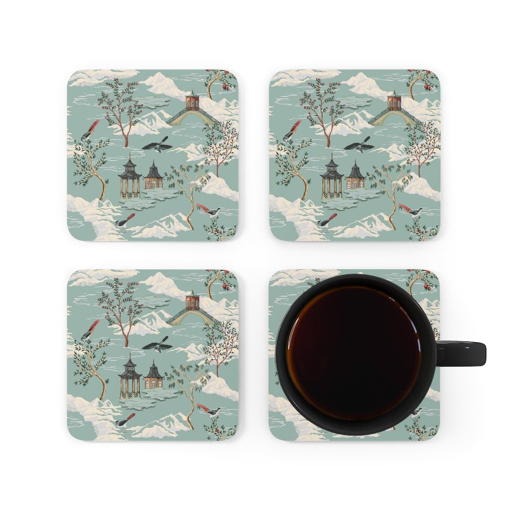 Chinoiserie Chinese Pagoda Corkwood Coaster Set - Puffin Lime
