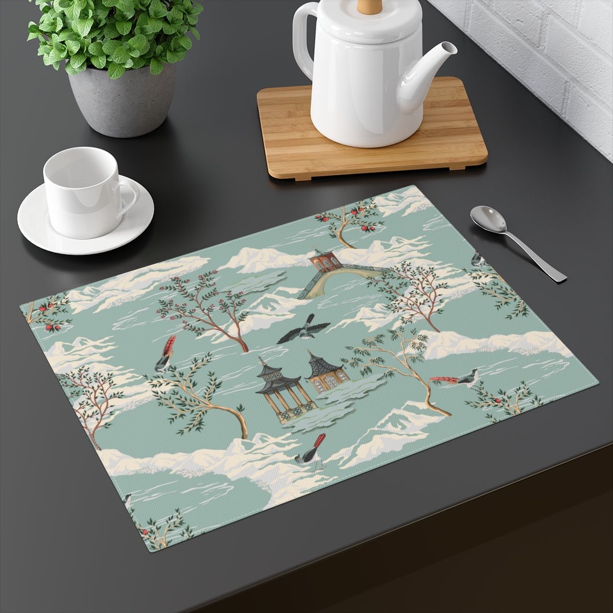 Chinoiserie Chinese Pagoda Cotton Placemat - Puffin Lime