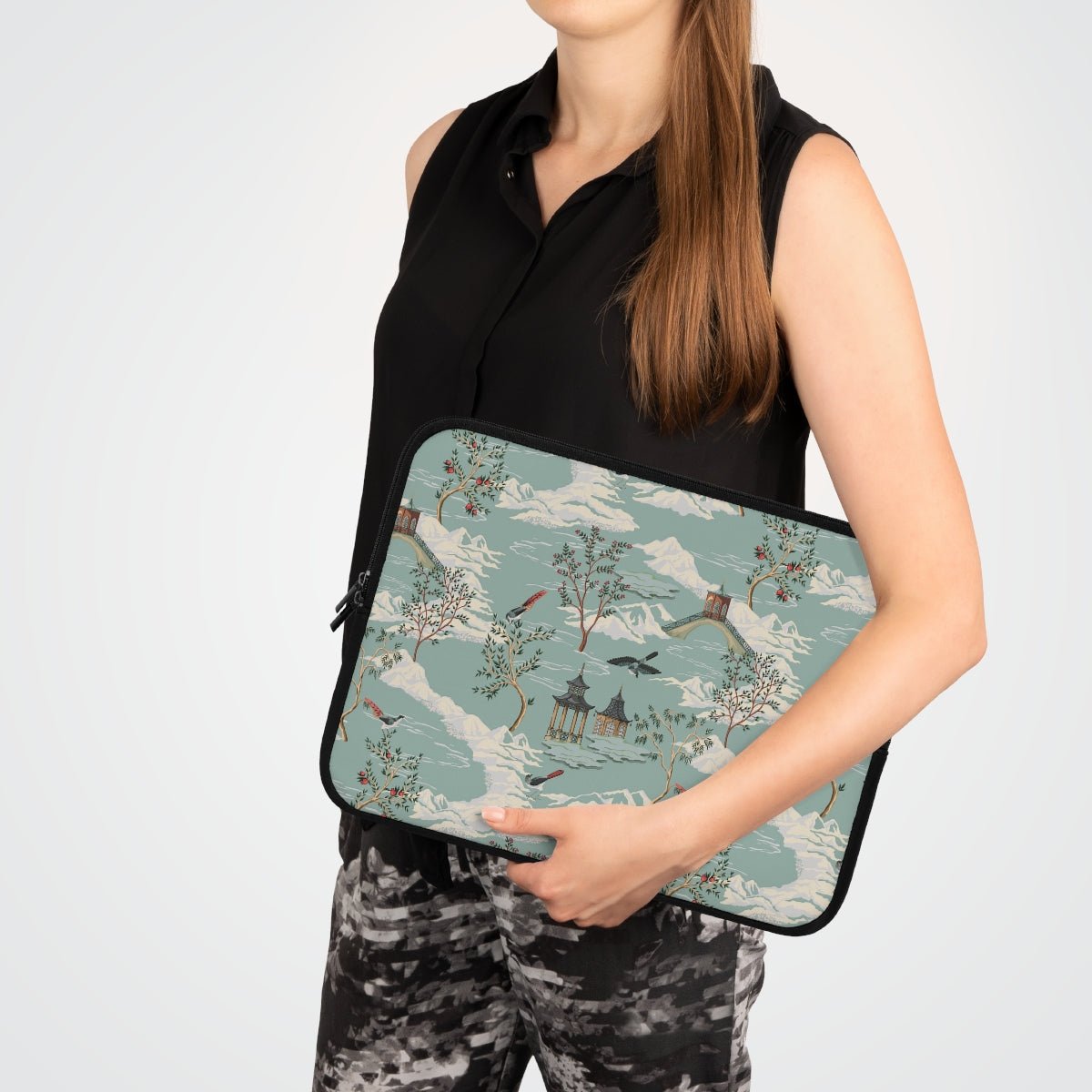Chinoiserie Chinese Pagoda Laptop Sleeve - Puffin Lime