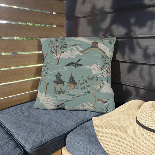 Chinoiserie Chinese Pagoda Outdoor Pillow - Puffin Lime