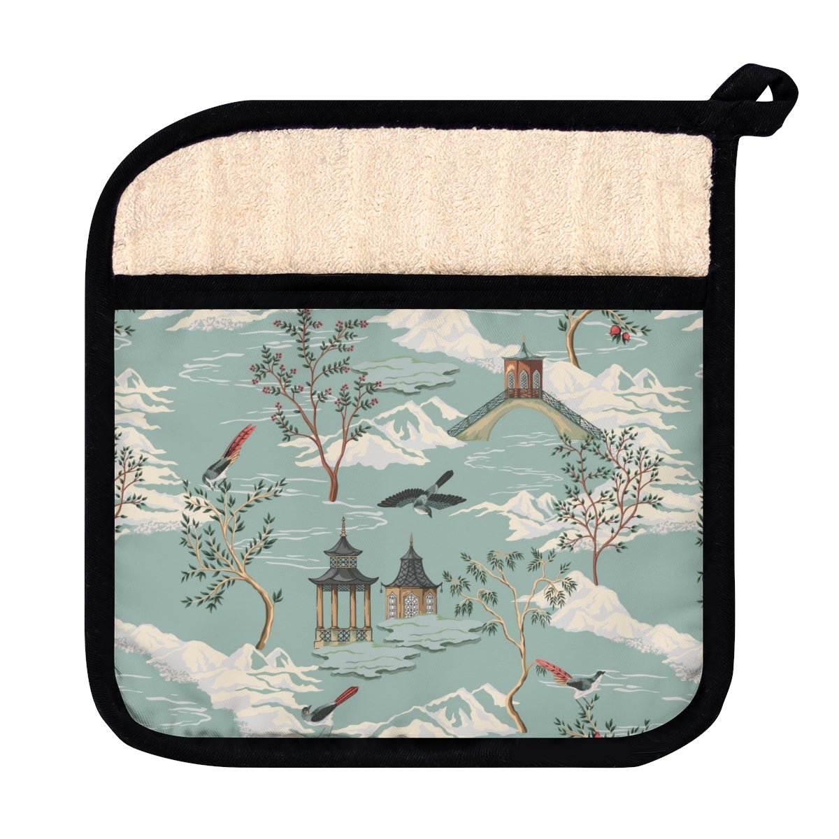 Chinoiserie Chinese Pagoda Pot Holder with Pocket - Puffin Lime